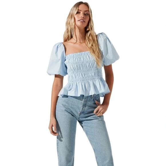 ASTR THE LABEL SAVINA BUBBLE SLEEVE TOP BLUE SIZE S NWOT - Picture 1 of 8
